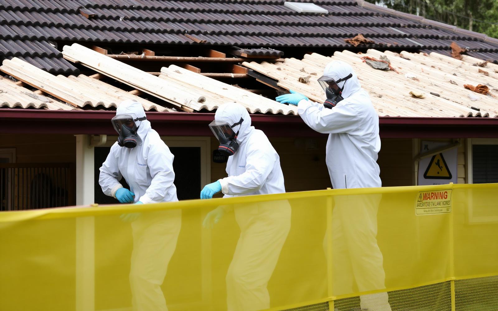 Licensed workers in hazmat suits removing asbestos roof in Melbourne