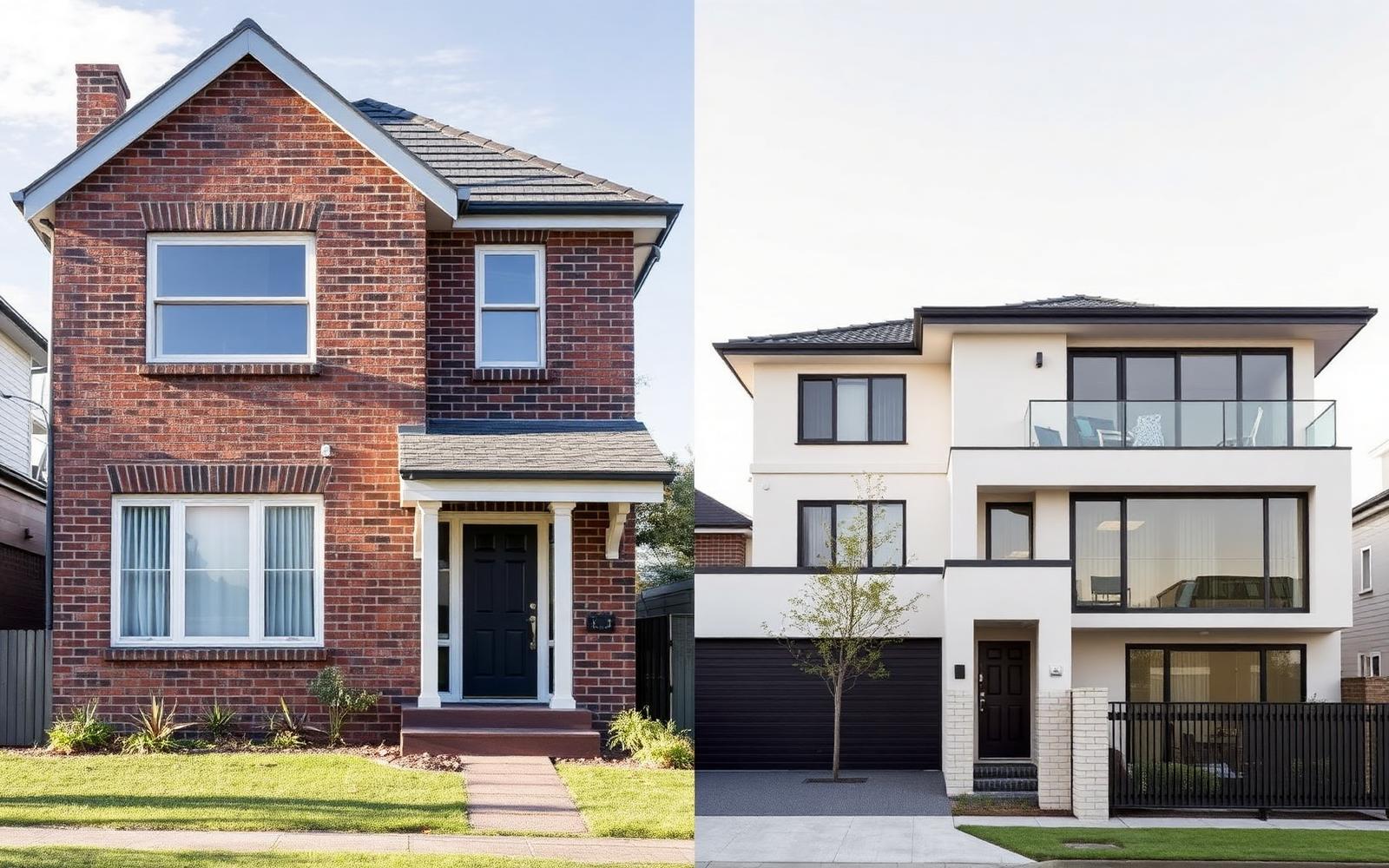 Old brick house next to a modern rebuilt Melbourne home