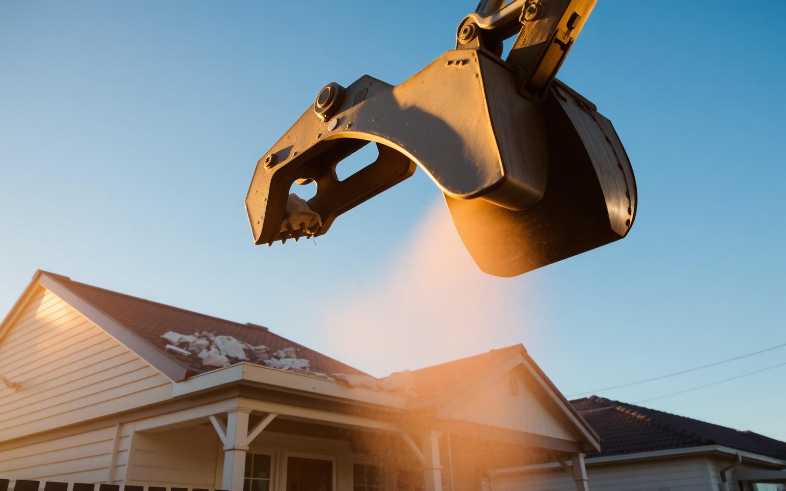 Weatherboard house being demolished by excavator in Melbourne