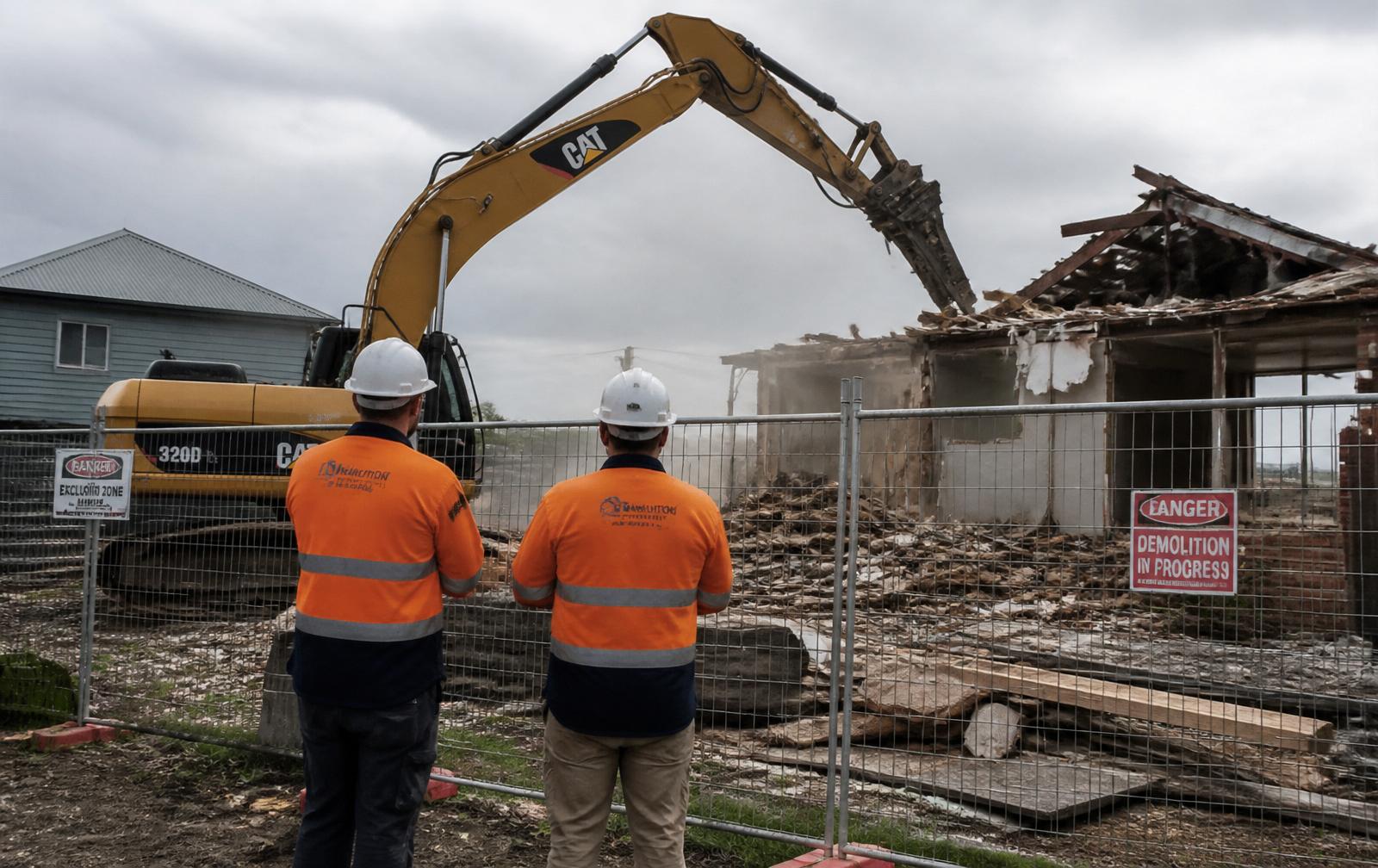 Licensed high-vis demolition crew watching an excavator tear down a Melbourne house